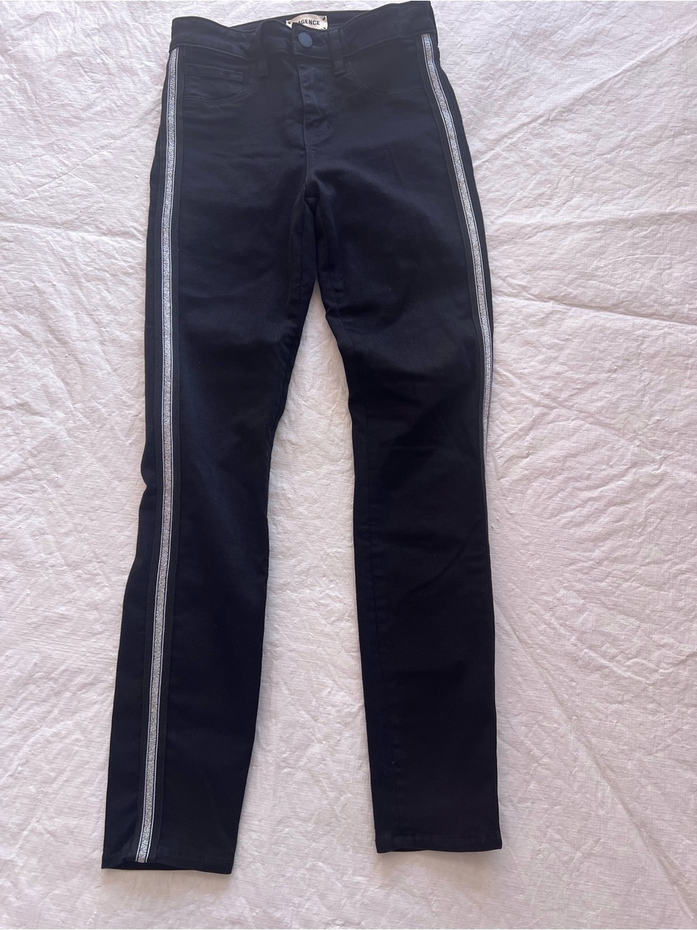 L'AGENCE Black High Rise Skinny Jeans Sz 24 Silver Metallic Tuxedo Stripe Ankle